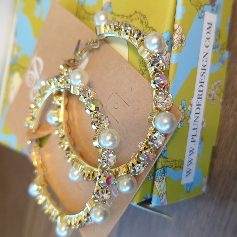 New in Box Plunder Kirby large gold hoop faux pearl and rhinestone earrings.